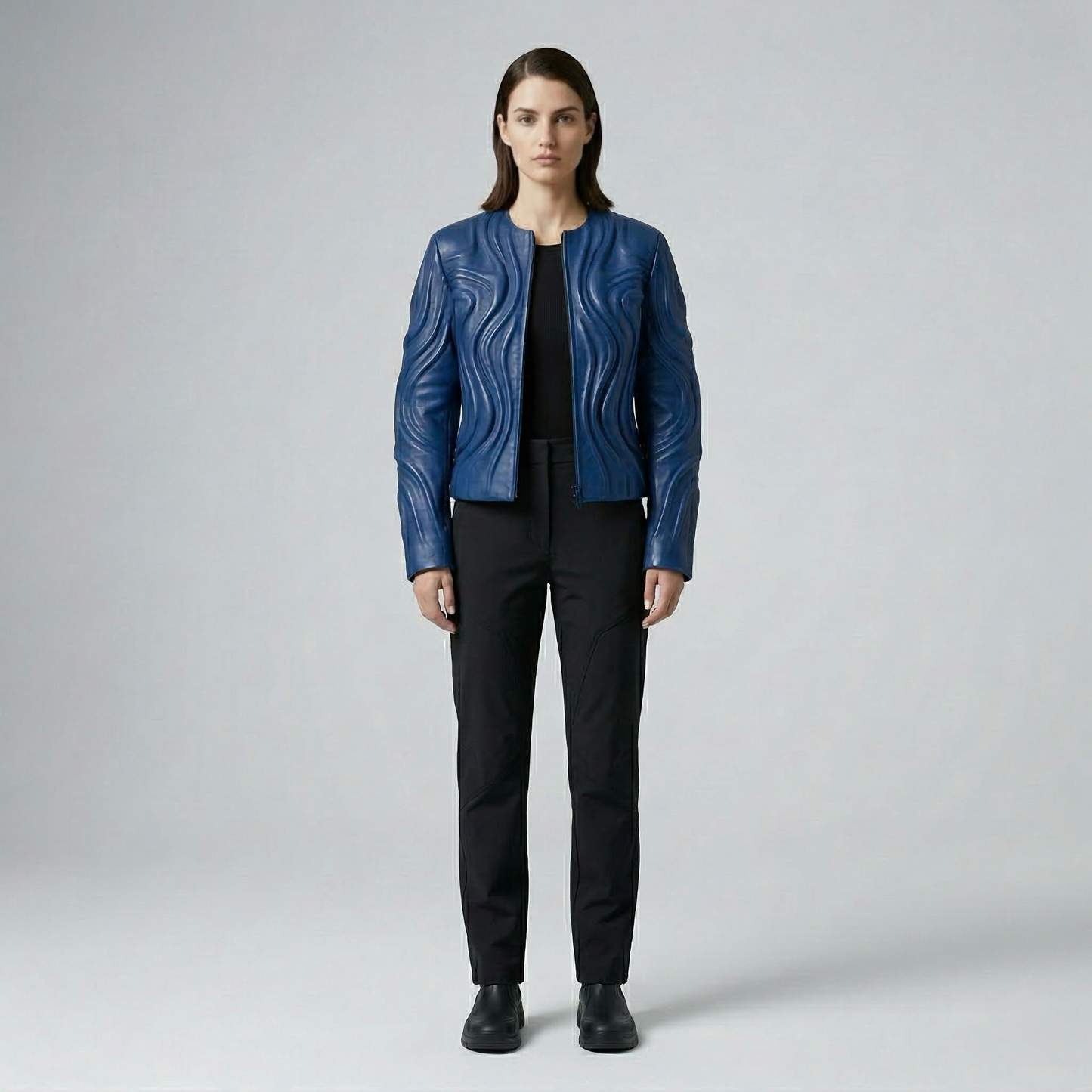 Sculpted Wave Panel Leather Jacket