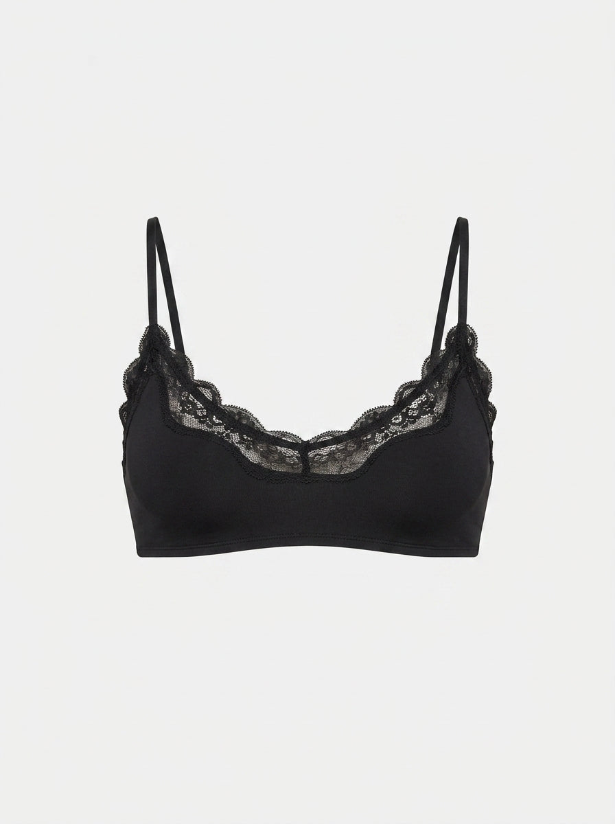 Soft Lace-Trim Wireless Bralette | Scalloped Scoop Neck Everyday Bra