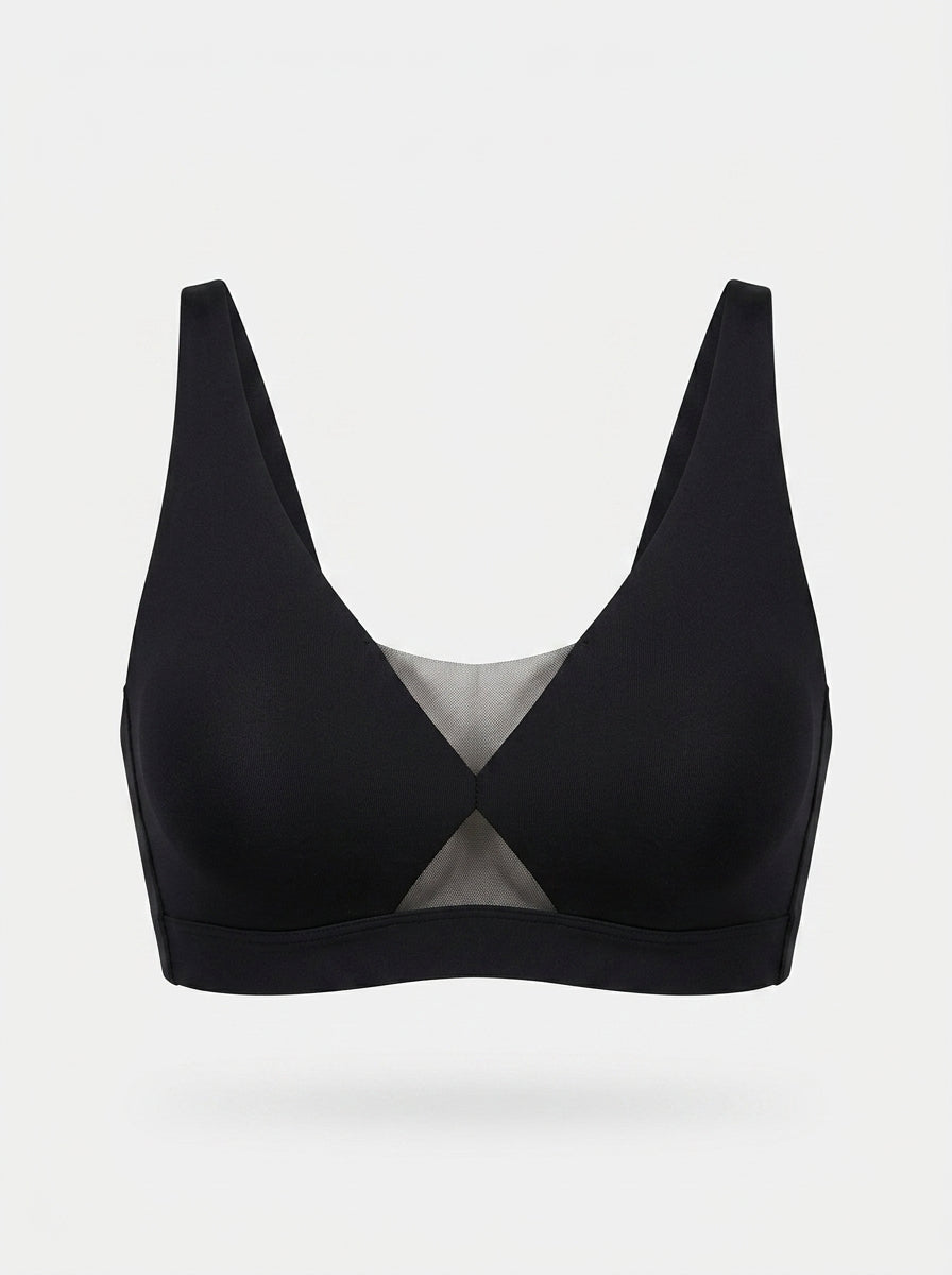 Plunge V-Neck Mesh Panel Bra | Full Coverage Smooth Cups & Wide Straps