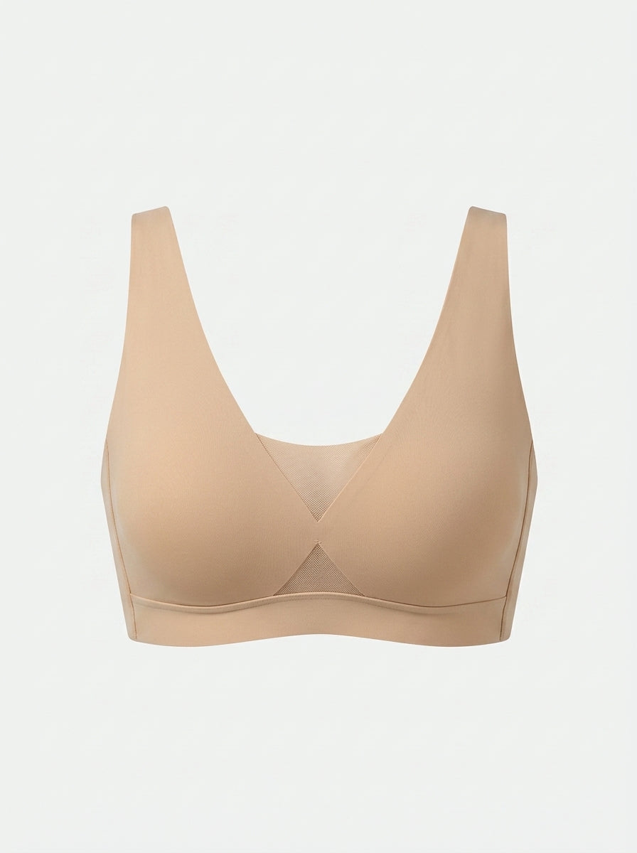 Plunge V-Neck Mesh Panel Bra | Full Coverage Smooth Cups & Wide Straps