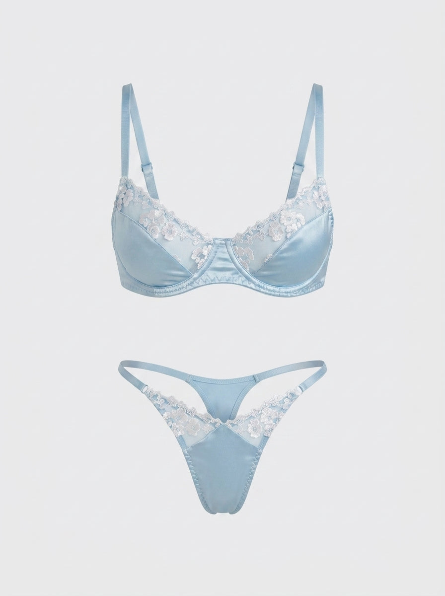 Floral Lace Underwire Bra & Thong | Sheer Satin Lingerie Set