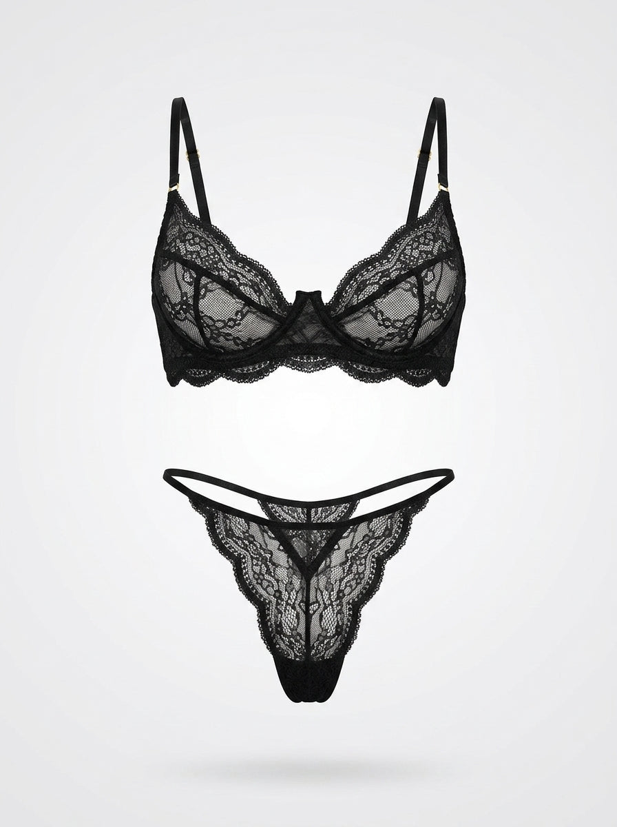 Sheer Lace Underwire Bra & Thong | Black Mesh Lingerie Set