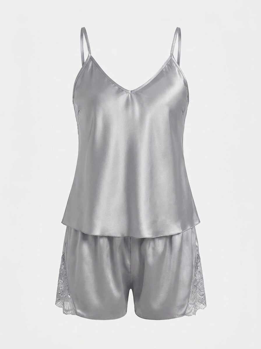 Silky Satin Lace-Trim Pajama Set | Cami Top & Shorts Sleepwear