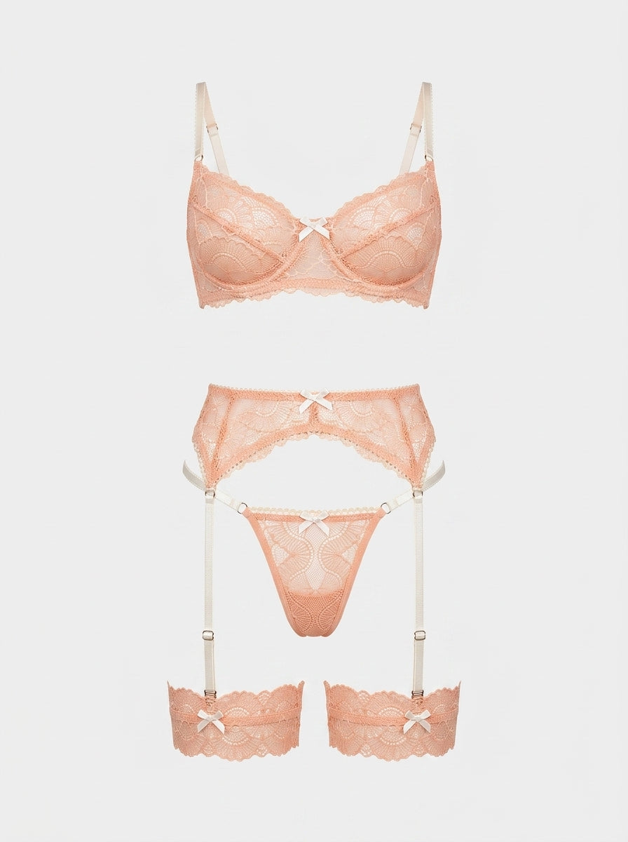 Peach Floral Lace Lingerie Set | 3-Piece Bra Garter Belt & Thong
