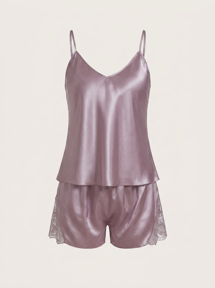 Silky Satin Lace-Trim Pajama Set | Cami Top & Shorts Sleepwear