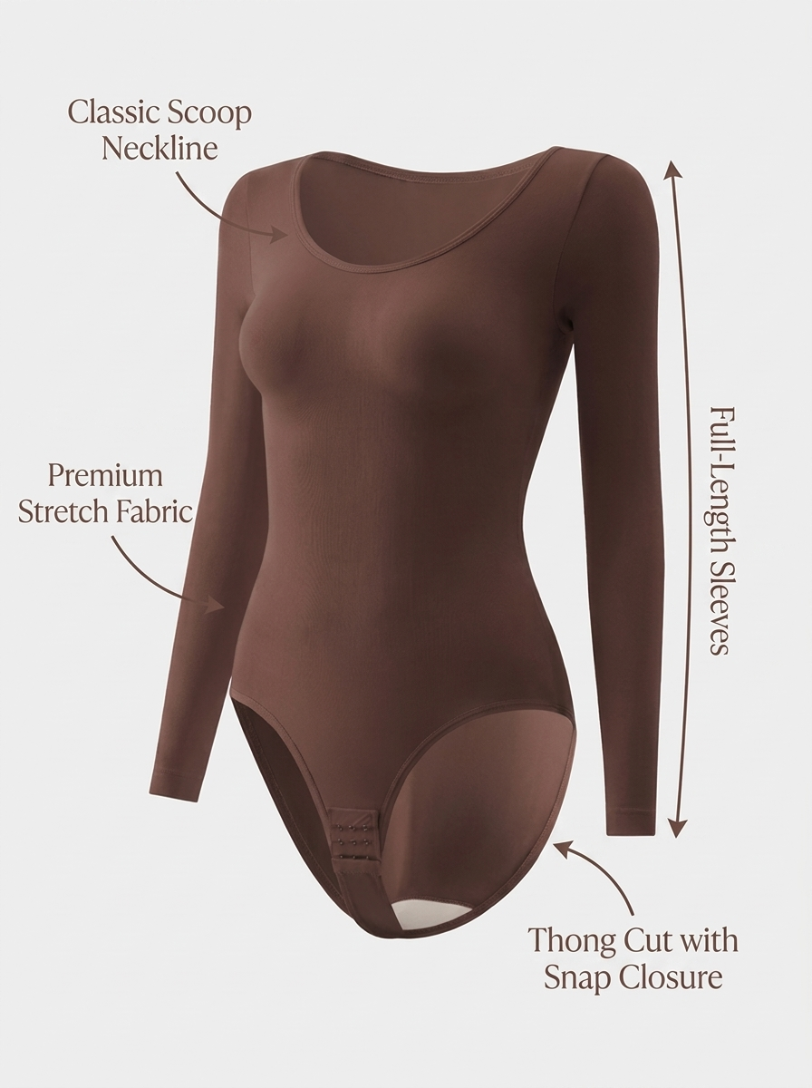 Long Sleeve Bodysuit with Thong Back | Scoop Neck Smoothing