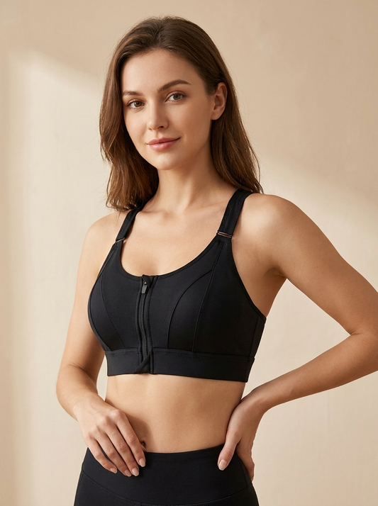 Front Zip Push-Up Sports Bra | Wide Cross-Back Straps High Support